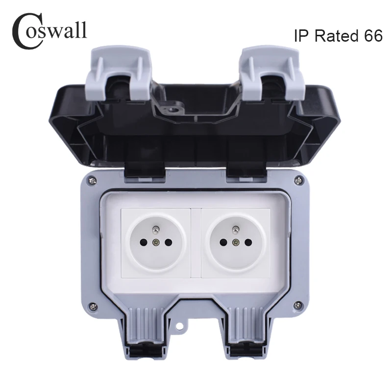 Coswall IP66 Weatherproof Waterproof Outdoor Wall Power Socket 16A Double French Polish Standard Electrical Outlet Grounded