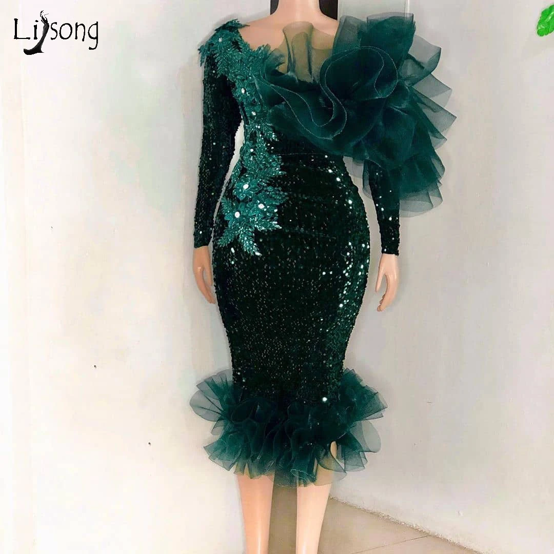 Elegant Emerald Green Sequined Mermaid Prom Gowns Full Sleeves Beaded Ruffles Tea Length Formal Party Dresses Real Image