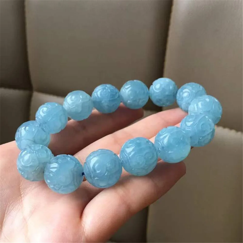 15mm Natural Ocean Blue Aquamarine Bracelet For Women Lady Man Clear Crystal Loose Round Beads Gemstone Stretch Jewelry AAAAA