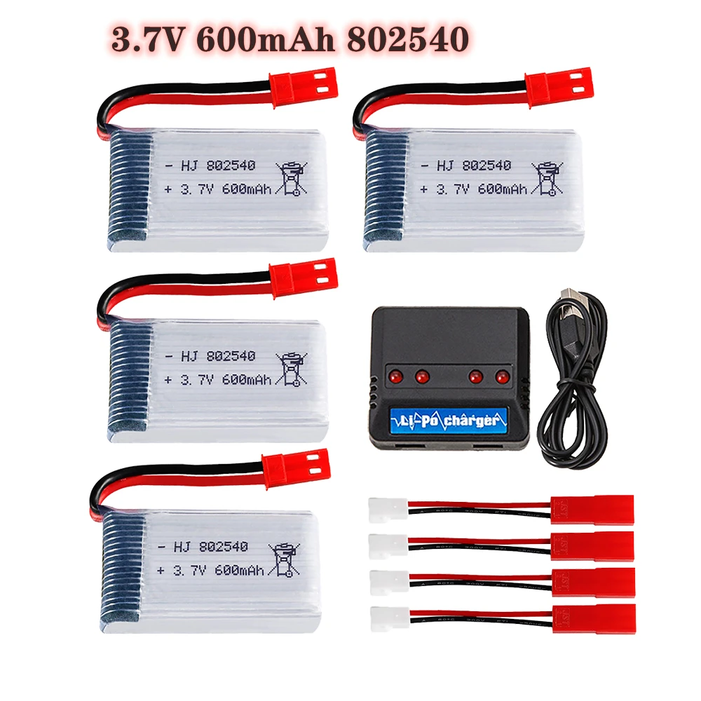 4pcs 3.7v 600mAh 802540 With Jst Plug +Changing For 1315S HJ819 HJ818 509W DFDF161 X400 X500 X800 RC Quadcopter Drone Spare Part