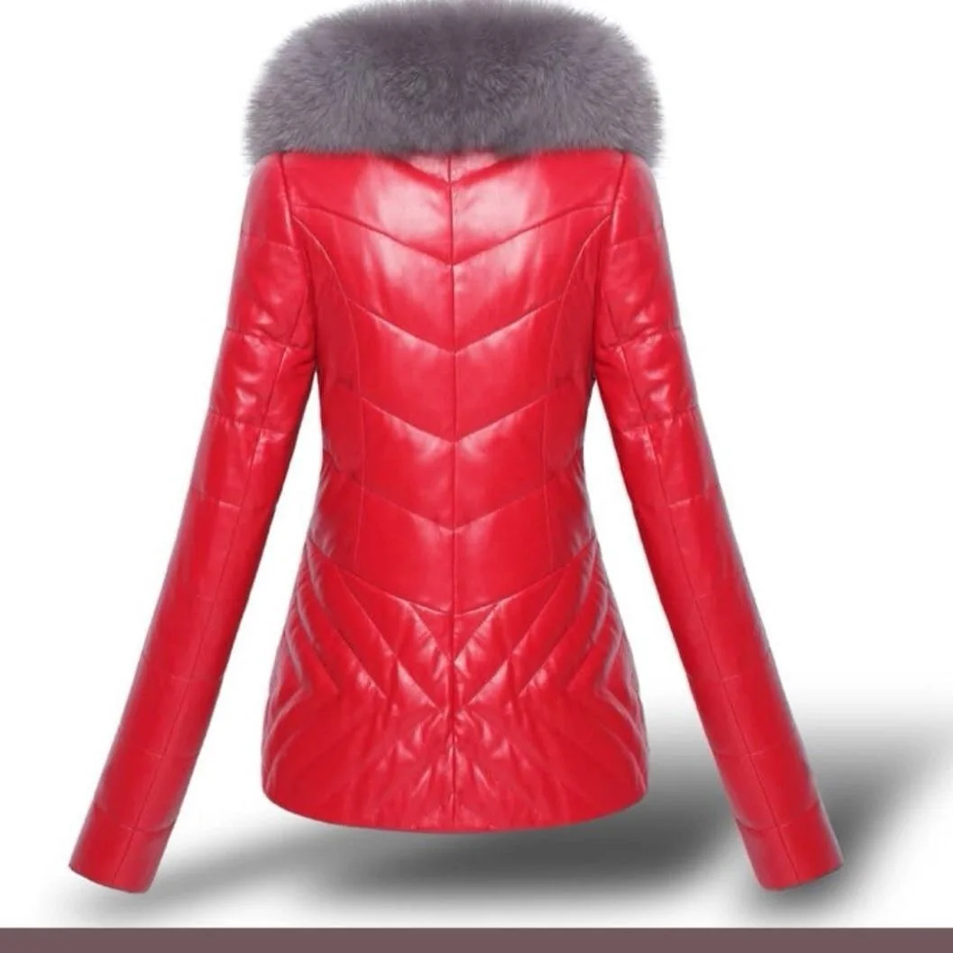 High quality Fashion Women Leather Jacket Short Faux Fox Fur Collar Slim Thick Warm Winter Coat Overcoat Motorcycle clothing