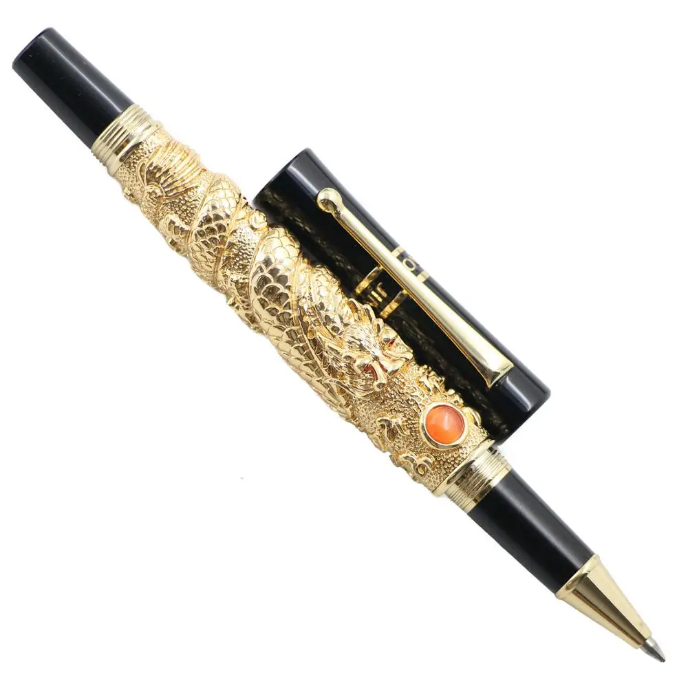 JinHao Flying Dragon Red Crystal Eyes Rollerball Pen Set 3D  Carving Business Collection  with Gift  Case Office Supplies