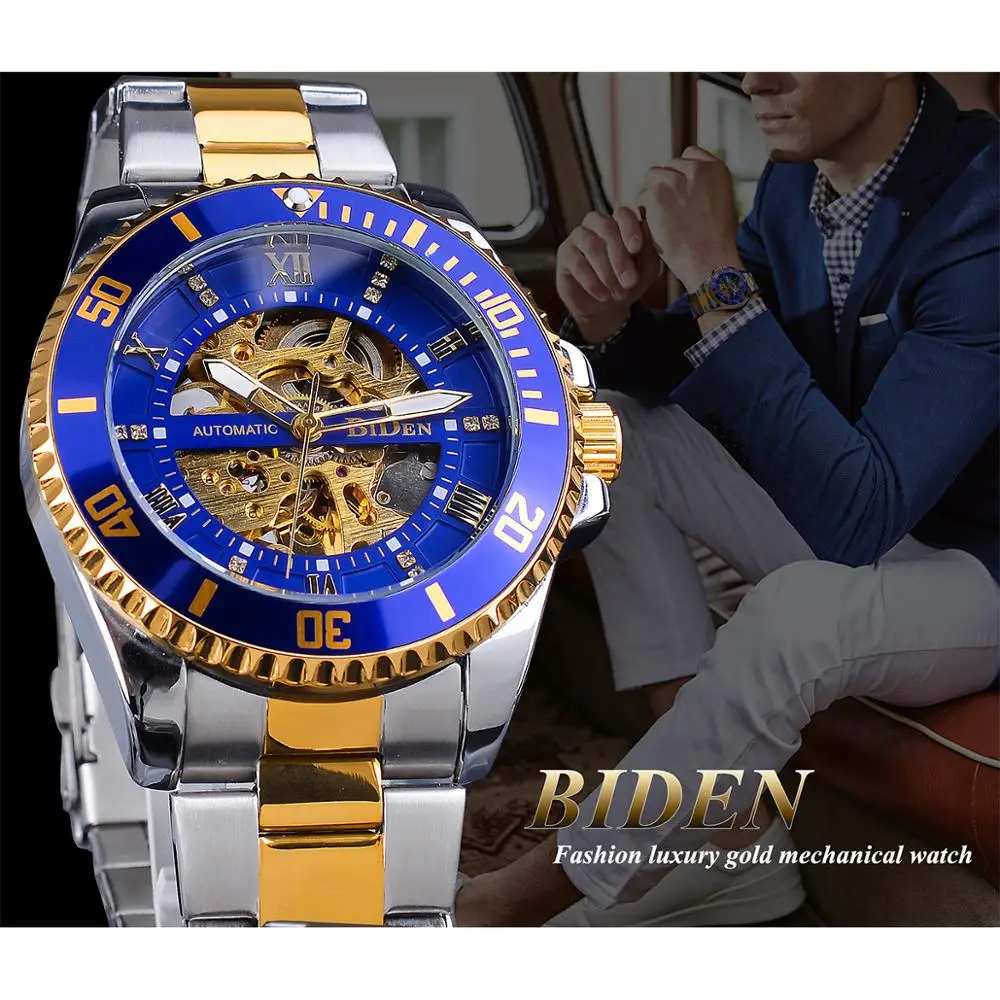 BIDEN-esqueleto Diamante Dial relógio mecânico, azul, dourado, impermeável, banda de aço inoxidável, mão luminosa, numerais romanos, automático