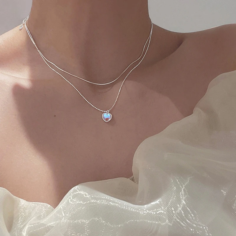 XIYANIKE Silver Color  Double Love Heart-shaped Moonstone Pendant Necklace Women Gradient Gemstone Clavicle Chain Couple image 4