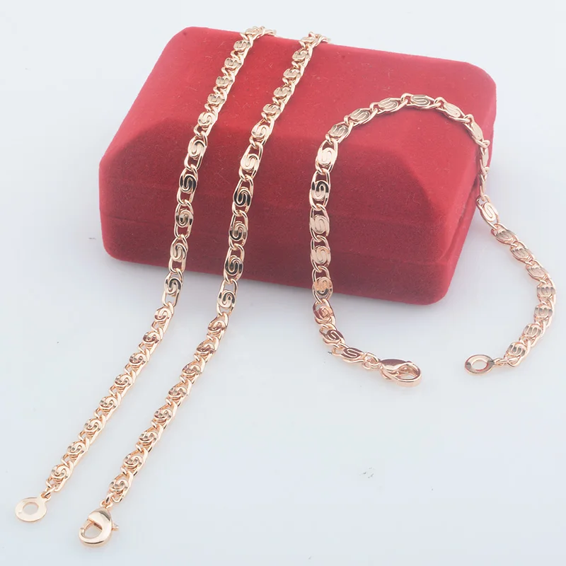 4mm Wide Women Men 585 Rose Gold Color Concave Snail Link Necklace Bracelet Set Jewelry(No Red Box)