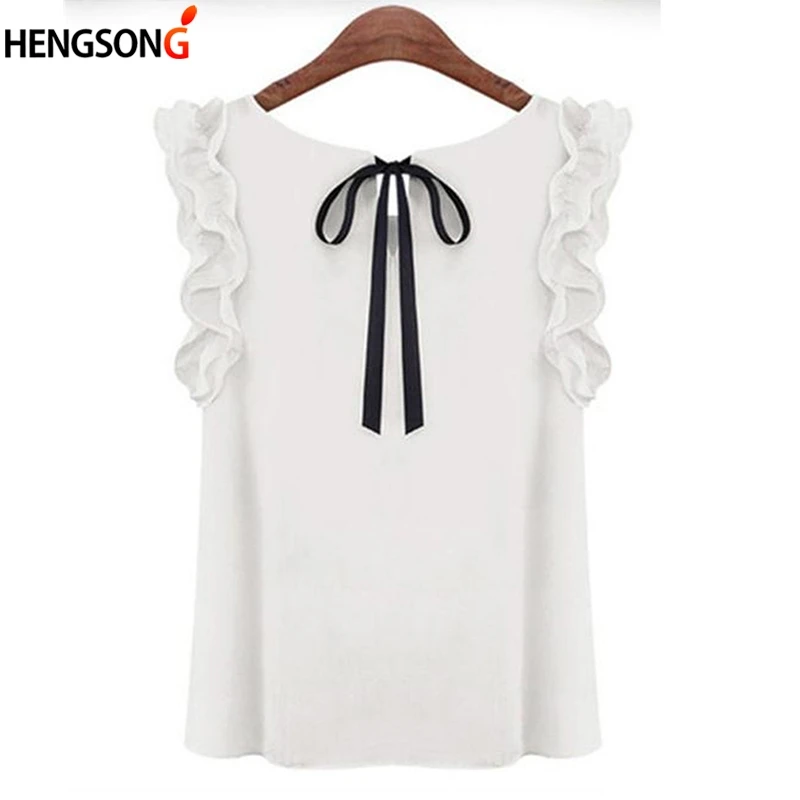 Women Blouse Tops Summer Fashion Lotus Leaf O-Neck Casual Shirt Ladies Bow Tie Chiffon Blouse White Tops 2023 New Women\'s Shirt