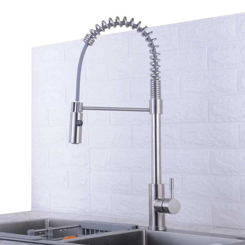 New Pull-out Kitchen Faucet Household 304 Stainless Steel Wire Drawing Sink Hot and Cold Water Tank Faucet Pull-out Sink Faucet