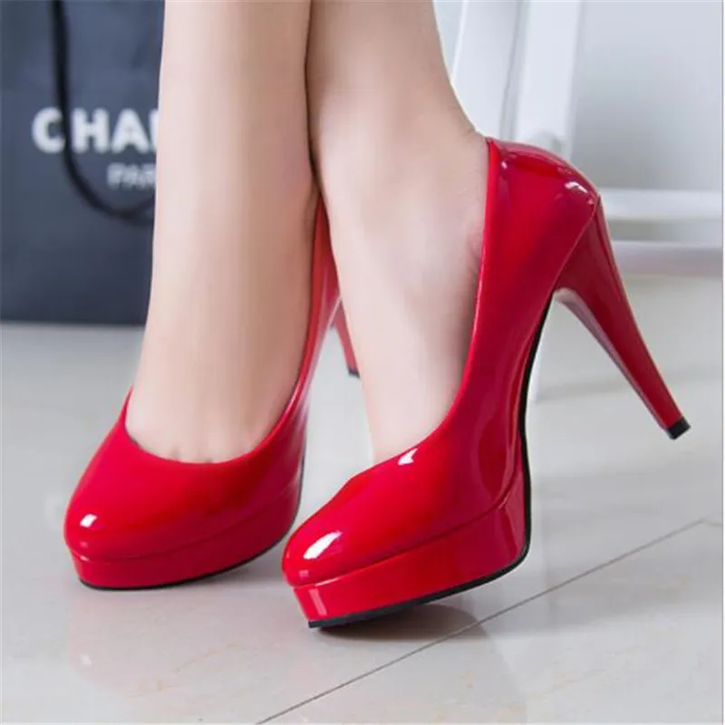 Fashion Mature Women Pumps Classic Patent Leather High Heels Shoes Nude Sharp Head Paltform Wedding Women Dress Shoes Plus 34-42