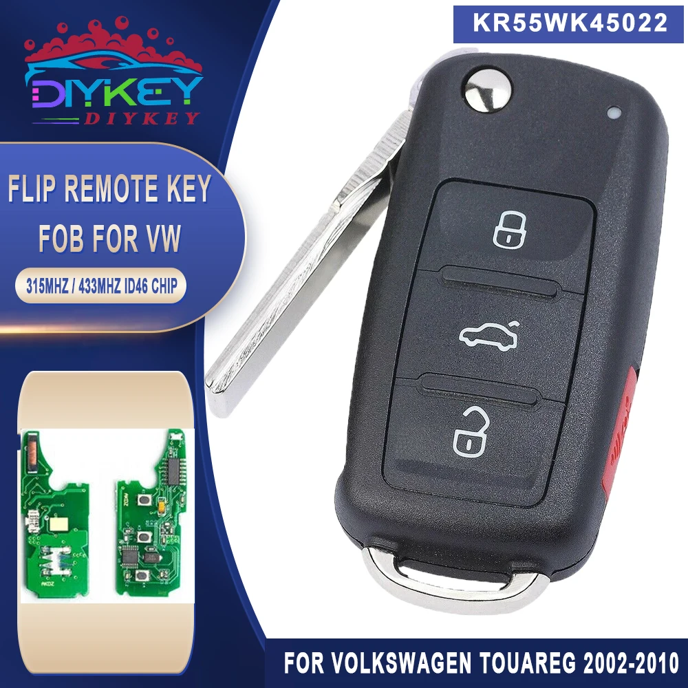 

DIYKEY KR55WK45022 315MHz 433MHz Smart Remote Key For Volkswagen Touareg 2004 2005 2006 2007 2008 2009 2010 ID46 3+1 Button Fob