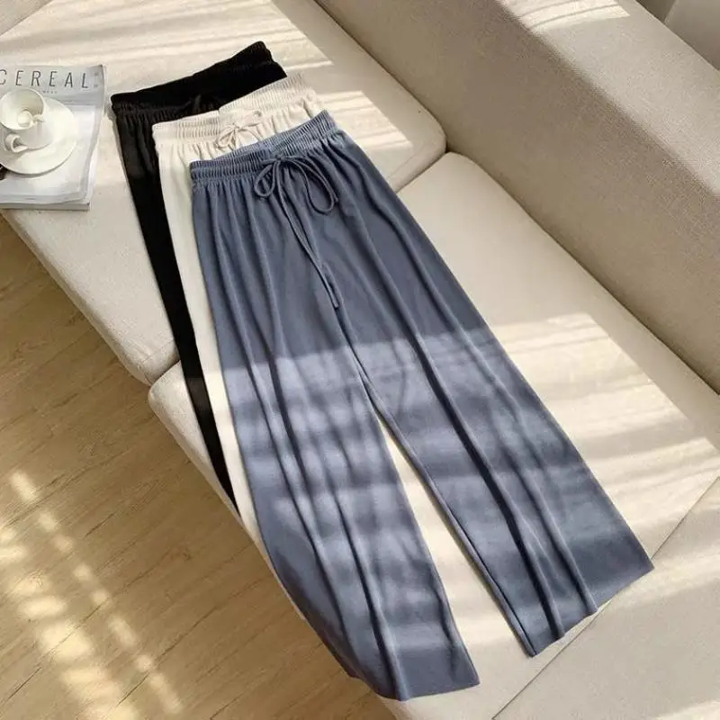 Mopping Wide-Leg Pants 2022 Women\'s Spring and Summer Drawstring Loose Elastic Ice Silk Trousers Large Size Ice Silk Trousers