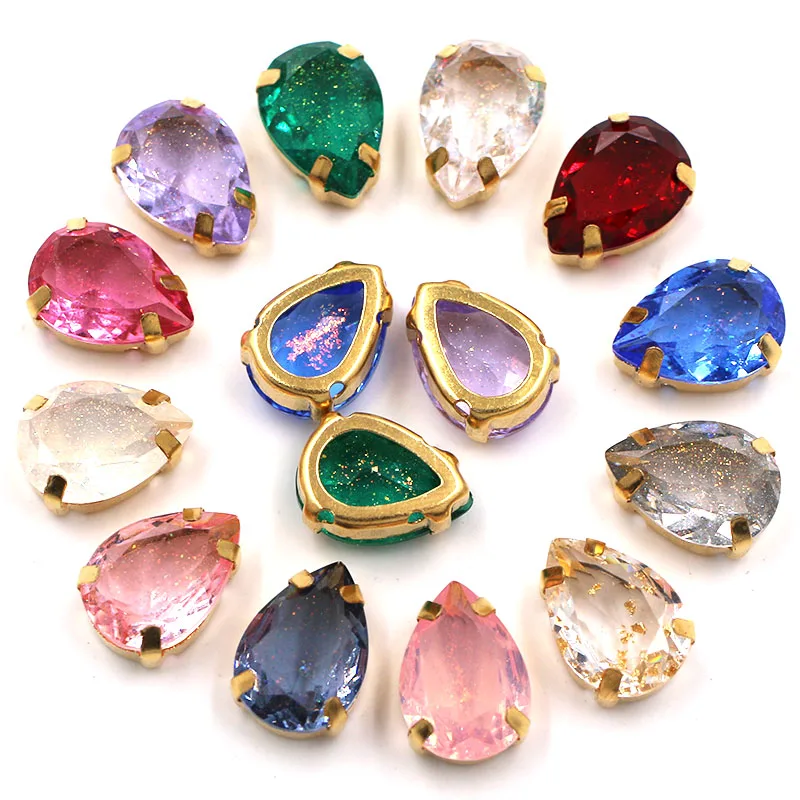 New 10x14mm Teardrop Strass Fancy Resin Gold Claw Setting Rhinestones Sew On Clothing Crafts Jewelry Accessories