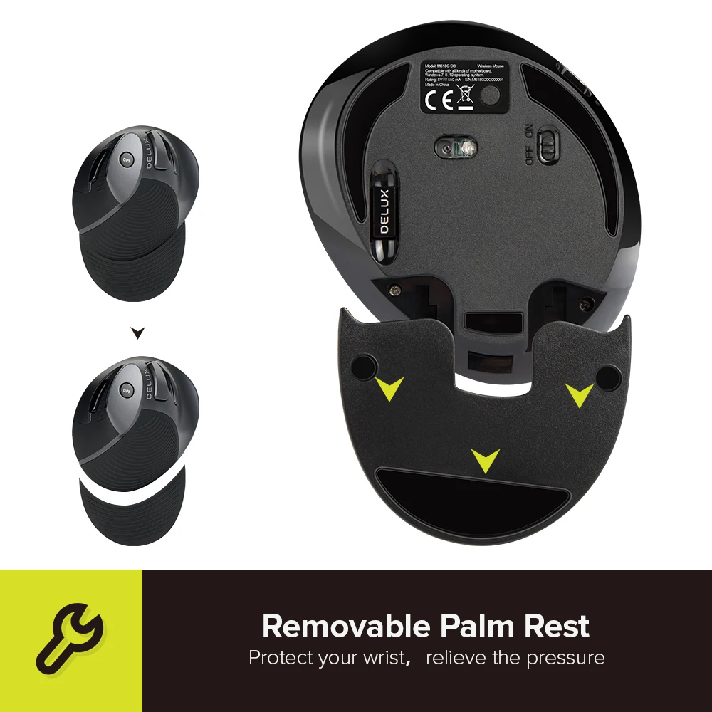 Delux M618G Rechargeable Vertical Wireless Mouse Ergonomic 4000 DPI Optical Mice with Removable Palm Rest For Computer