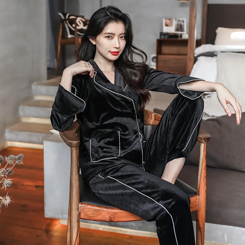 Velvet Sleepwear Autumn Winter New Women Pajamas 2 Pieces PJS Set Casual Nightwear Lounge Wear Velour Intimate Lingerie Homewear