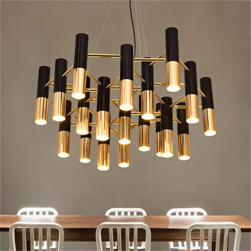 Lámpara de araña LED de tubo de metal, lámpara colgante de tubo de oro y negro, moderna, para sala de estar y comedor