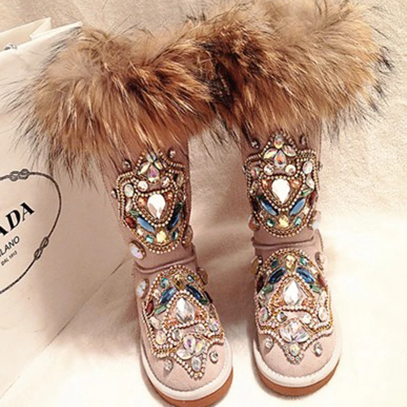 2021 Women Winter Warm Snow Boots Rhinestone Decoration Female Real Fur Ankle Boots Confortable Flat Shoes Slip On Rond Toe