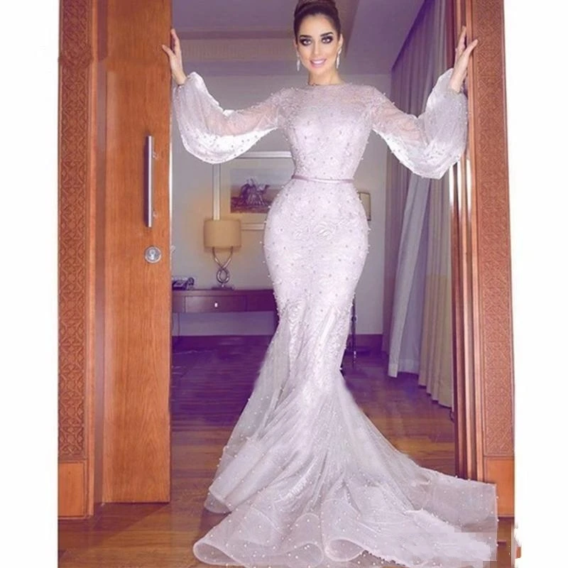 2025 Elegant Arabic Dubai Mermaid Formal Evening Dress Long Sleeve Lace Pearls Prom Gowns Plus Size Vestidos De Feast Customized