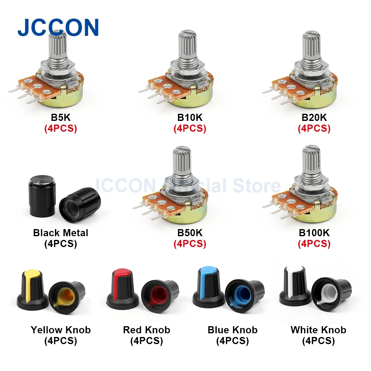 20 Set WH148 Enkele Potentiometer Kit B5KB10KB20KB50KB100K 15Mm Met Knoppen Enkele Potentiometer Linear Taper Rotary 3Pin + Cap