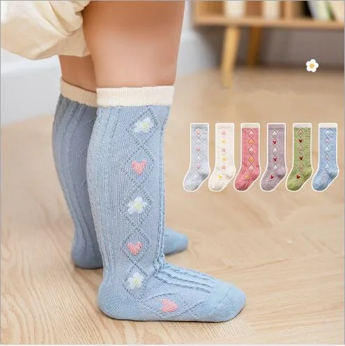 3PairAutumn and winter double-needle vertical strip over the knee socks infants children,baby long socks small flower tube socks