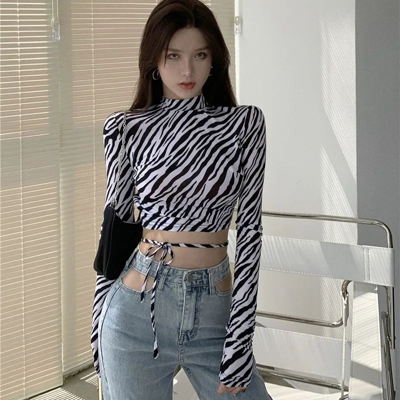 Women's T-Shirts Leopard Zebra Printed T-Shirt Sexy Slim Backless Long Sleeve Half-high Collar Short T-Shirt Tops