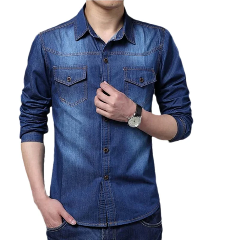 2024 Primavera Homens Camisa Denim 5xl Algodão Turn-down Collar Bolsos Homens Camisas Nova Primavera Manga Longa Azul Casual Maré Frete Grátis