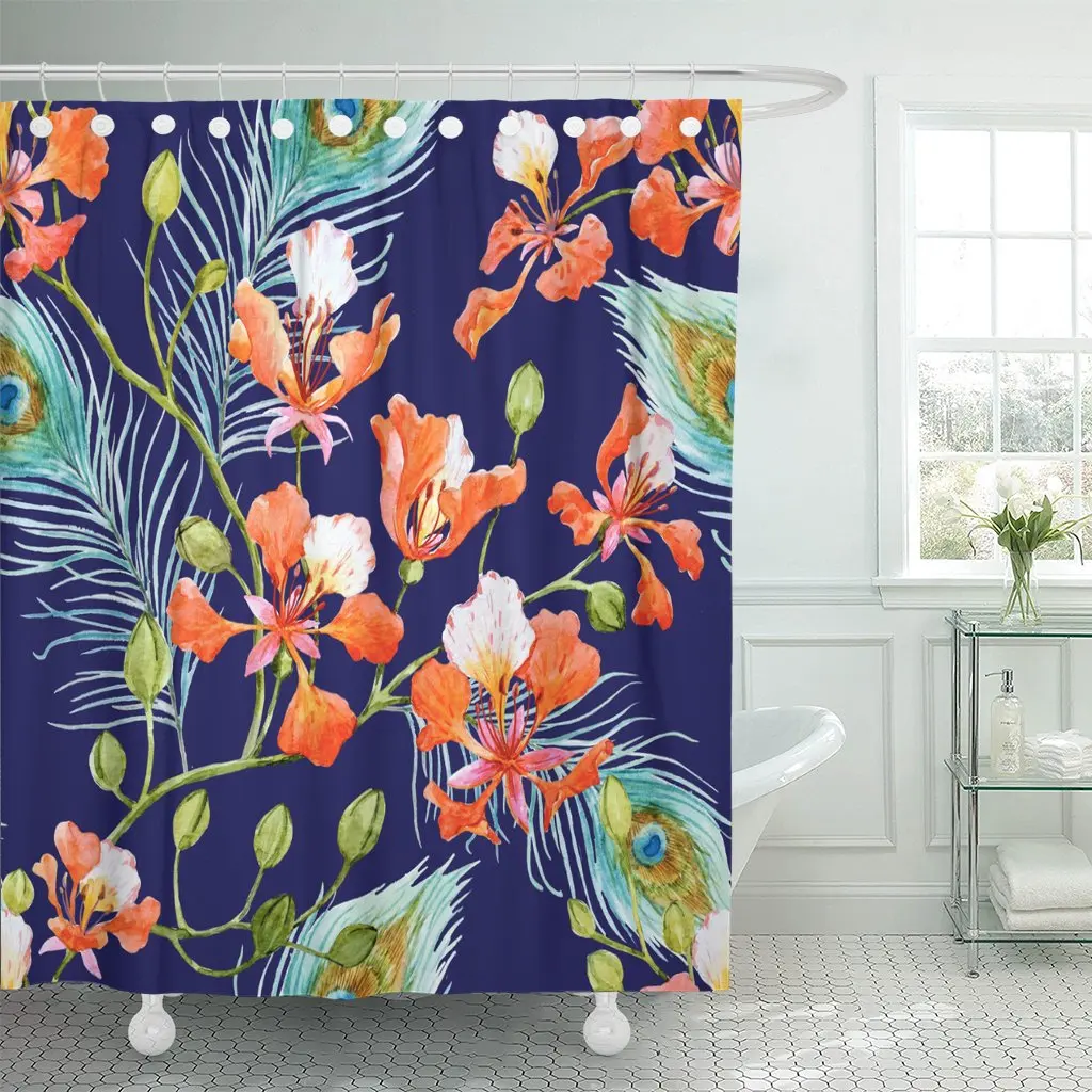 Watercolor Tropical Pattern Royal Poinciana Peacock Feathers Delonix Regia Shower Curtain Waterproof Polyester Fabric 72 x 72