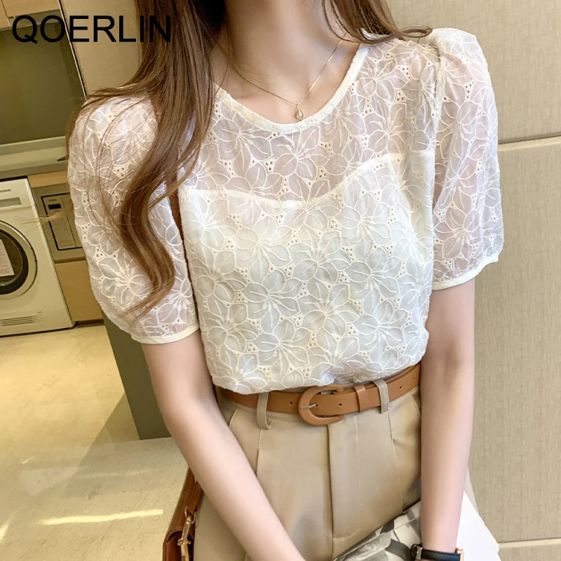 

QOERLIN Fashion Embroidery Bishop Sleeve Blouse Women Chic Apricot Sexy Tops Summer Female Short Sleeve Loose Casual Blouses