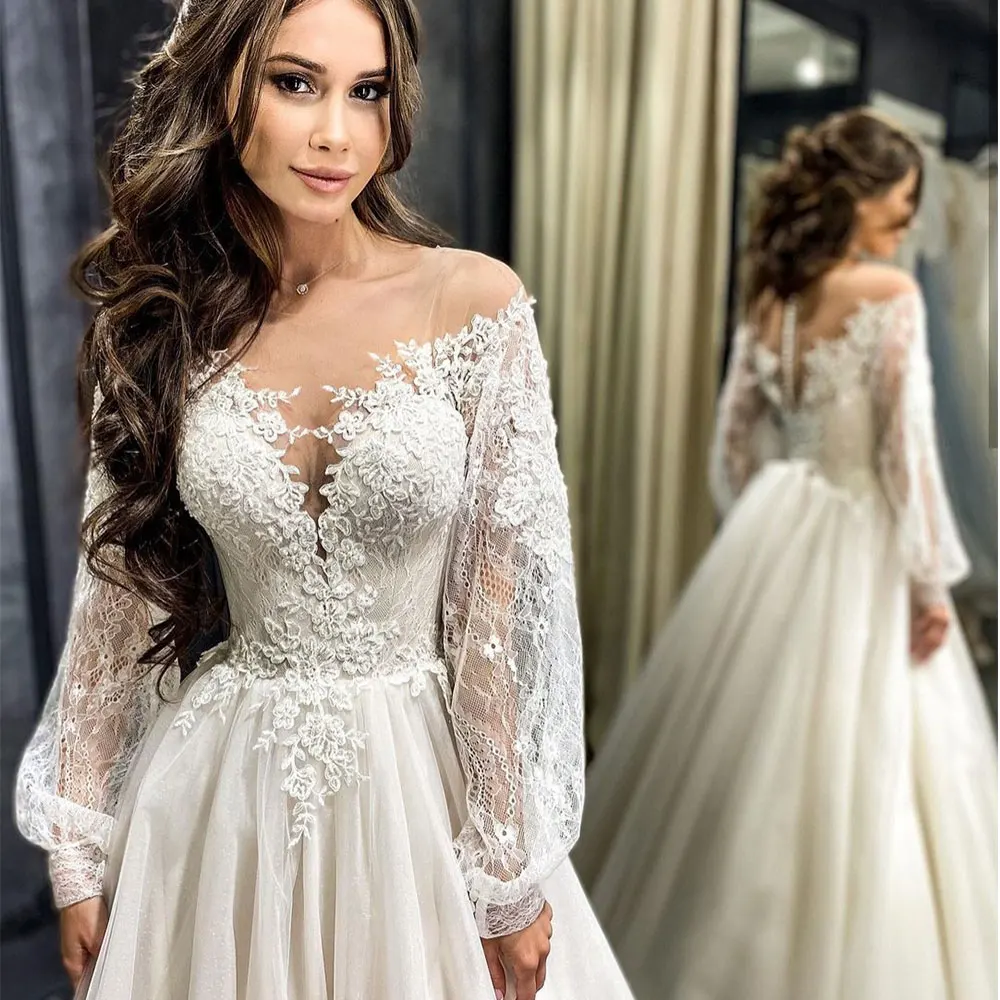 Vestido De Novia De corte A con cuello redondo, con Apliques De encaje, manga larga hinchada, ilusión en la espalda, con botones