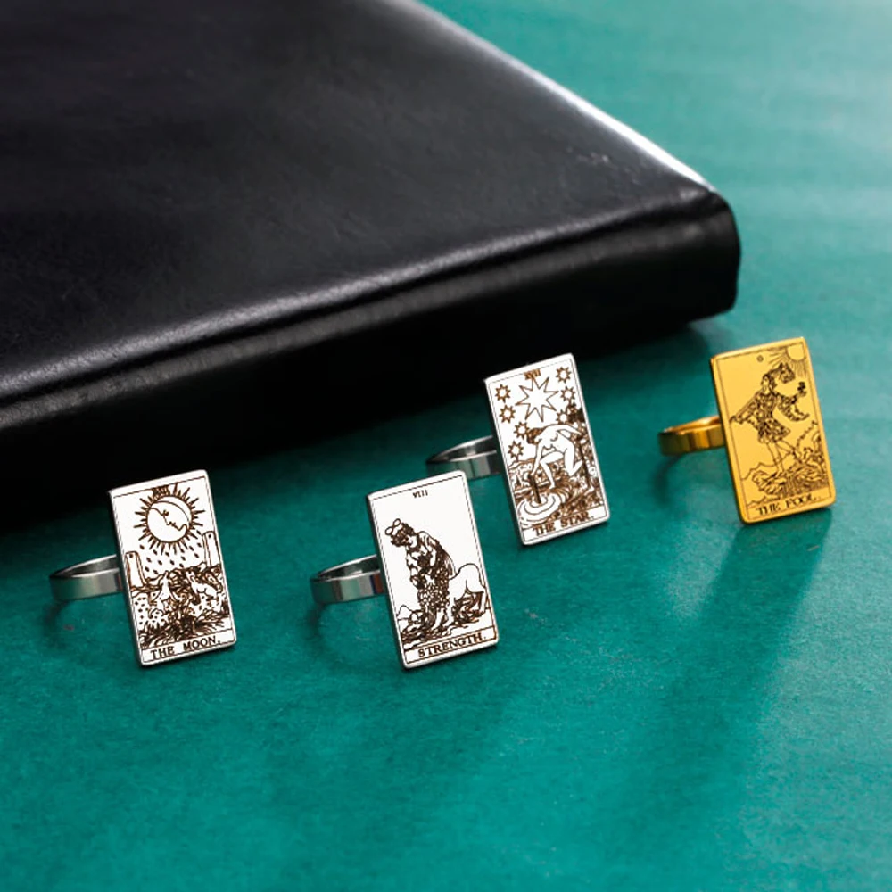 LIKGREAT Tarot Card Golden Ring for Women Stainless Steel Vintage Wedding Couple Rings Viking Horoscope The Major Arcana Jewelry