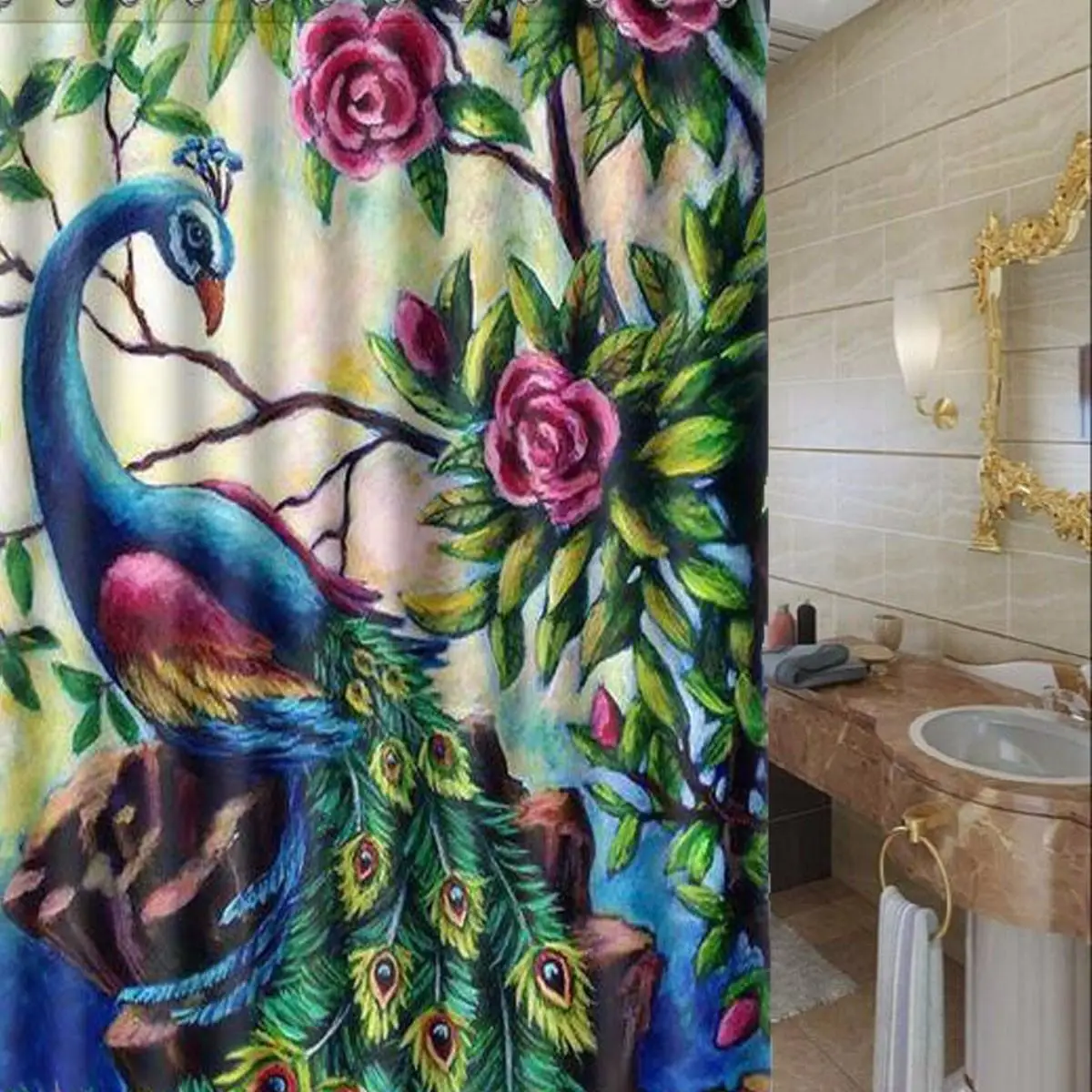 Colorful Flower Peacock Bathroom Non-slip Mat Set Durable Waterproof Shower Curtain Set Pedestal Rug Lid Toilet Cover Bath Mat