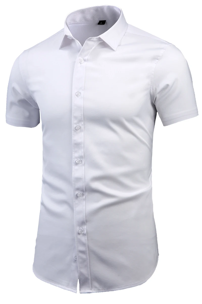 Anti-rugas não-engomar elasticidade ajuste fino vestido masculino casual camisa de manga curta branco preto azul vermelho masculino social formal camisas