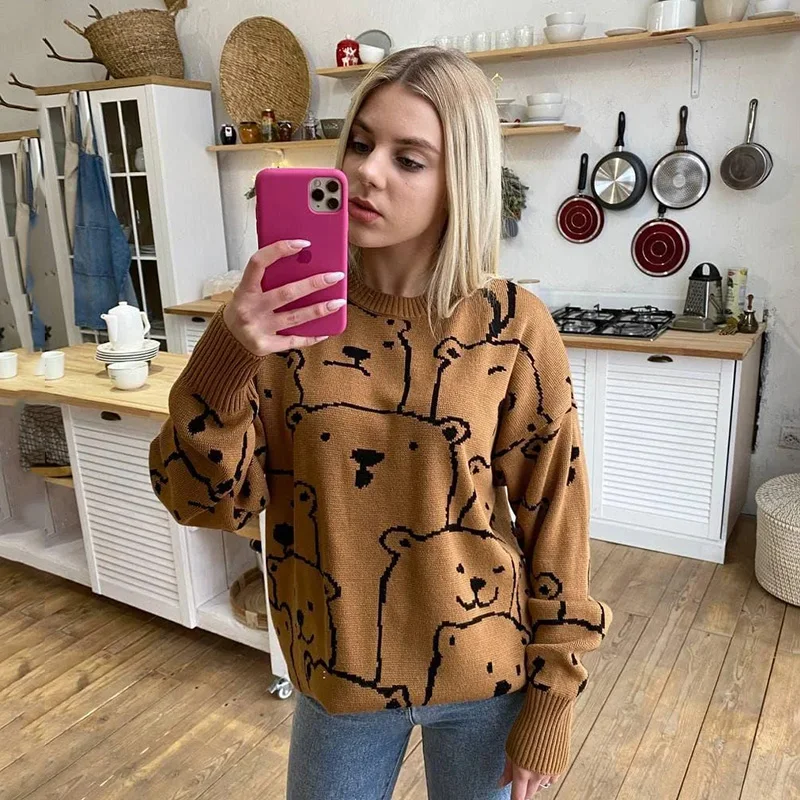 Ardm Casual Jacquard Animal Style Round Neck Long Sleeve Knitted свитер женский Fall Winter Clothes Women 2021 Sweet Pullovers