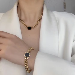 XIYANIKE 316L Stainless Steel New Black Enamel Necklace Bracelet Cuban Chain Fashion Jewelry Set For Women Trend Gift Wholesale