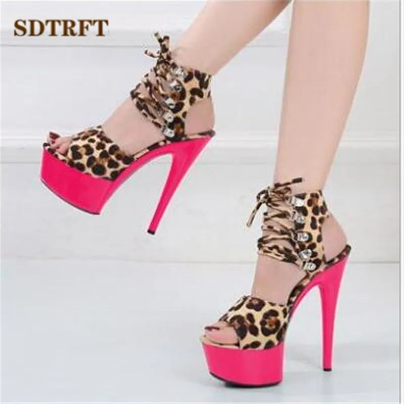 SDTFET shoes moman Sandals zapatos mujer crystal 13 15cm Thin High-Heeled Pole Dance party Pumps leopard print sandalias mujer