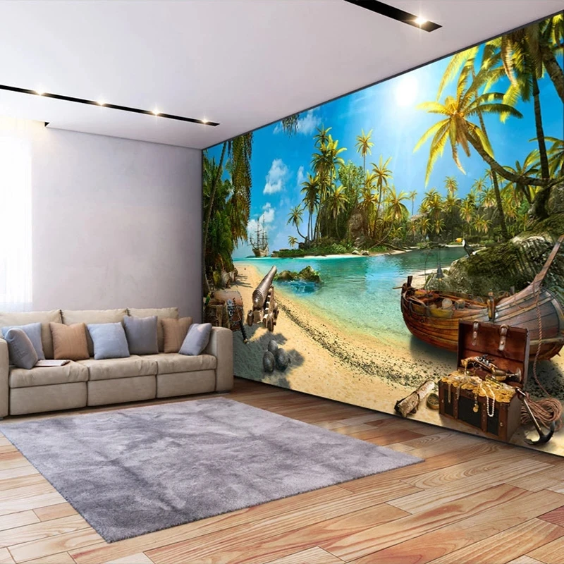 Custom 3D Wall Murals Home Decor Sandy Beach rees Sea Island Landscape Painting  Wallpapers Bedroom