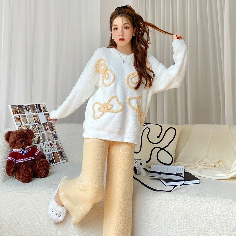 Ladies Cute Sleepwear Sweet Bow Pajamas Warm Winter Nightwear Thicken Women's Pyjamas Feather Yarn Pijamas Homewear 2 Piece Set