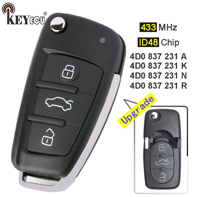 KEYECU 433MHz ID48 P/N: 4D0 837 231 A / K / N / R Flip 3 Button Remote Car Key Fob for Audi A3 A4 A6 A8 B5 RS4 RS6 TT Quattro