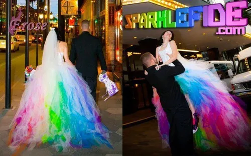 Gaun Pengantin Tulle Renda 2015 Gaun Pengantin Warna Pelangi Belakang Panjang dan Pendek Halter Gaun Pengantin Warna Warni Buatan Khusus