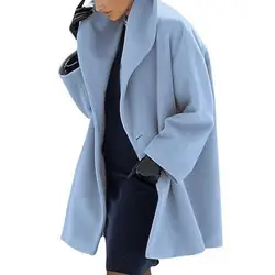 Women Wool Blends Coat Long Cardigan Turn-down Collar Woolen Blends Solid Color Single Button Women Blends Jacket Top Overcoat