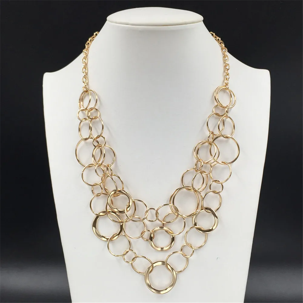 Bohemian Multi Layered Necklace for Women Vintage Gold Color Geometric Circle Linked Chain Necklace  Geometric Collier Collares