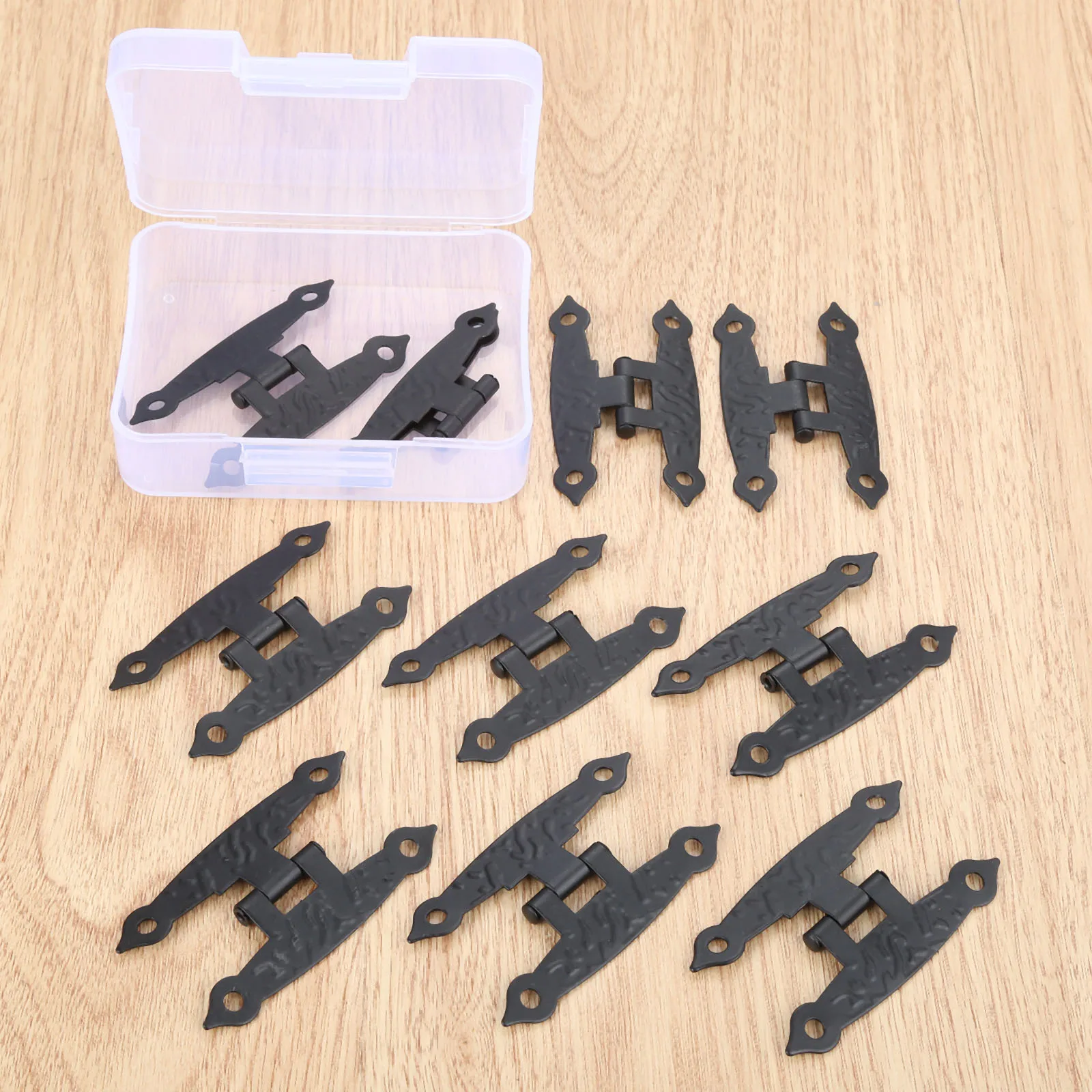 10Pcs Black Furniture Cabinet Door Luggage 65*33mm Hinges 4 Holes Jewelry Wooden Boxes Vintage Old H Hinges +Screws+Storage Box