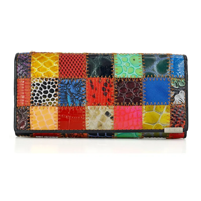 Billeteras de cuero genuino brillante para mujer, con diseño de retales cartera de mano, monedero, pulsera larga, tarjetero, moda de otoño