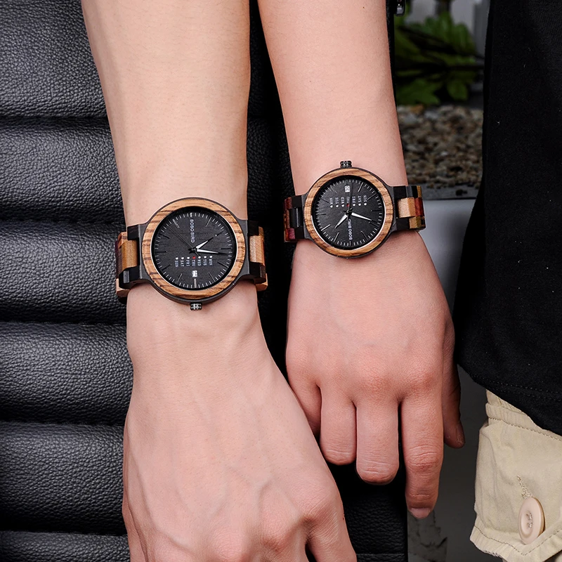 BOBOB BIRD Couple Watch Wood Men Women Wristwatch Customized Lovers Watches Anniversary Gifts in Wooden Gift Box