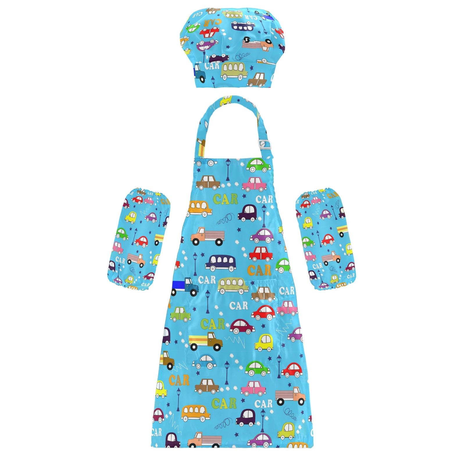 

Child Craft Apron and Hat Set Solid Color Front Pocket Bib Apron + Elastic Band Cooking Cap Cartoon car Print 2021 New