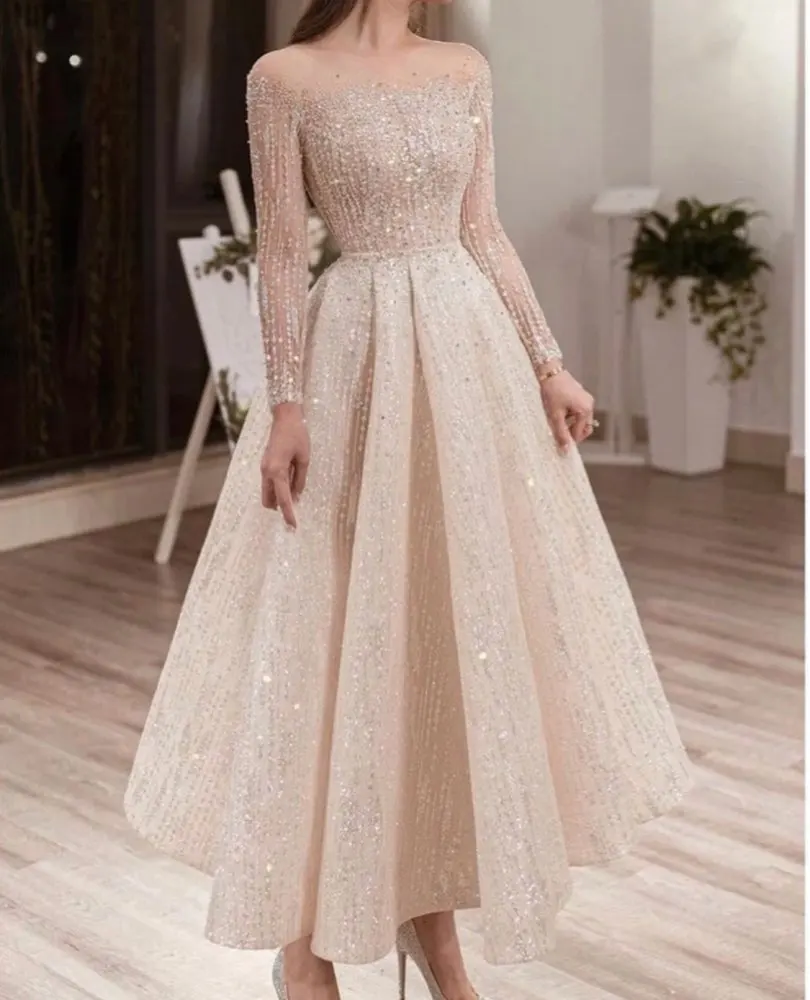 Sparkly Sheer Long Sleeves Evening Dresses Saudi Arabia A Line Robe De Soiree Illusion Neck Zipper Back Prom Party Gowns