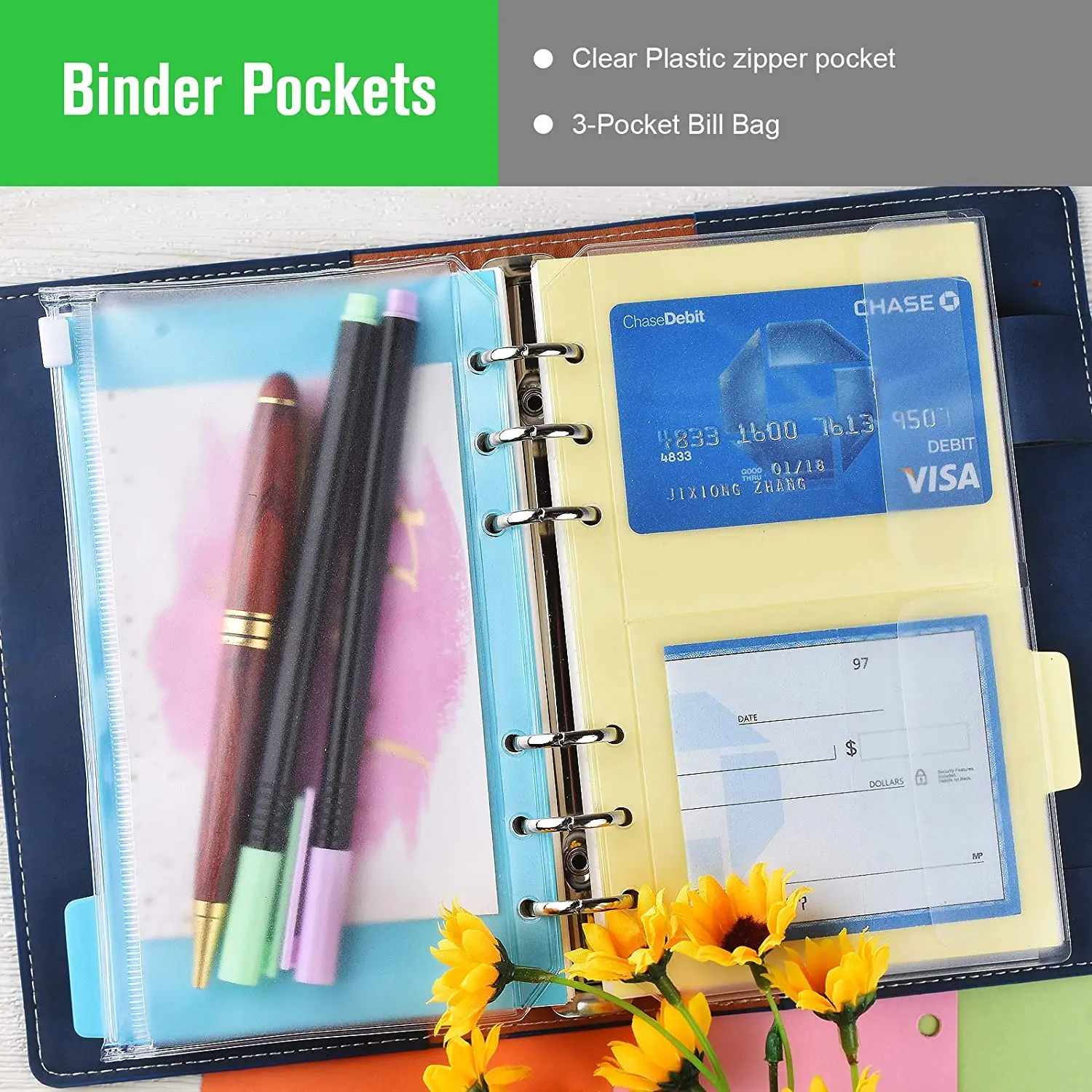 A6 Refillable Notebook Planner Organizer with 45 Refill Paper,5 Binder Dividers, 160 Index Tabs with Ruler, 2 Binder Pockets