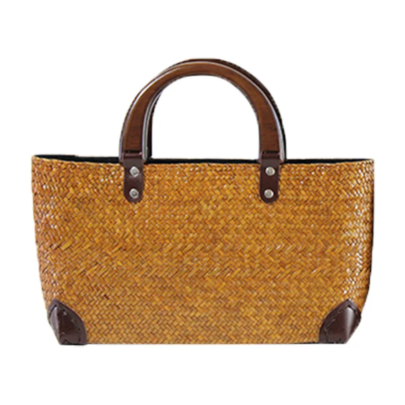 Handmade straw woven bag Rattan woven bag Art retro vacation beach bag Woven female bag Wooden handle portable rattan bag