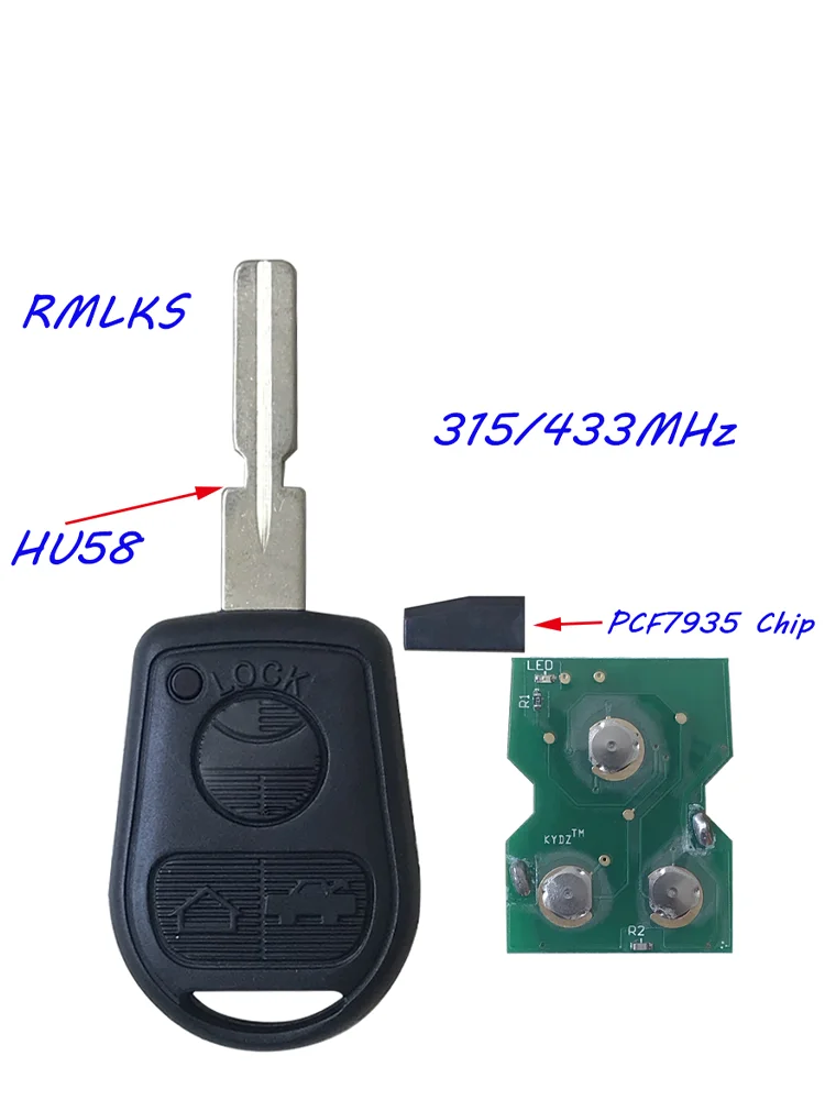 3 Buttons Car Remote Key Fob 315/433Mhz ID44 Chip For BMW Z3 E31 E32 E34 E36 E38 E39 E46 Z3i HU58 Key Blade