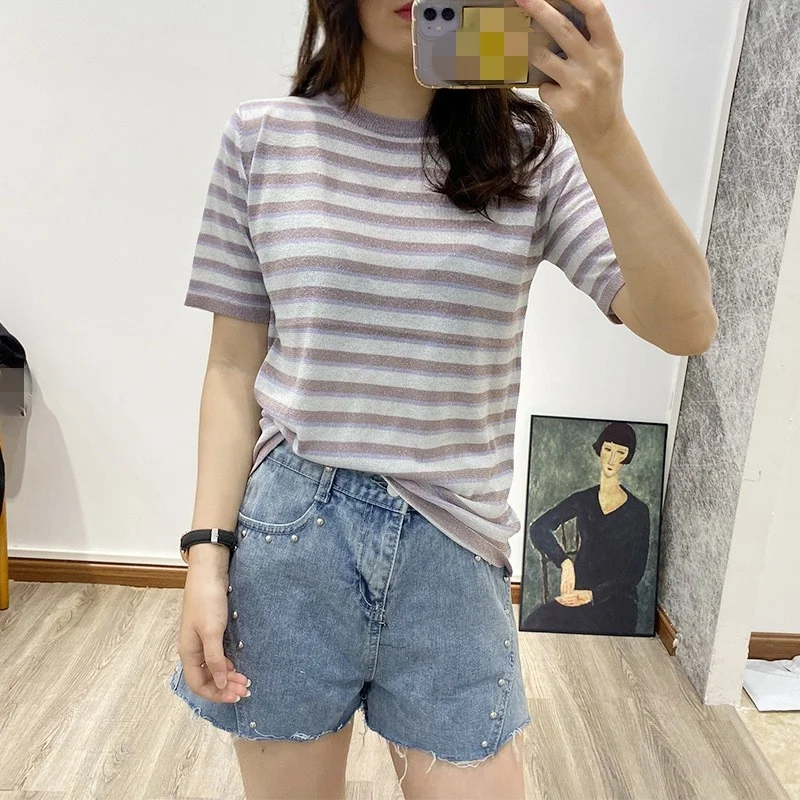 Summer 2022 Womens New O-Neck Pullover Loose Concise Casual Short Sleeve Stripe T-Shirts High Street Vintage Fashion Blouse