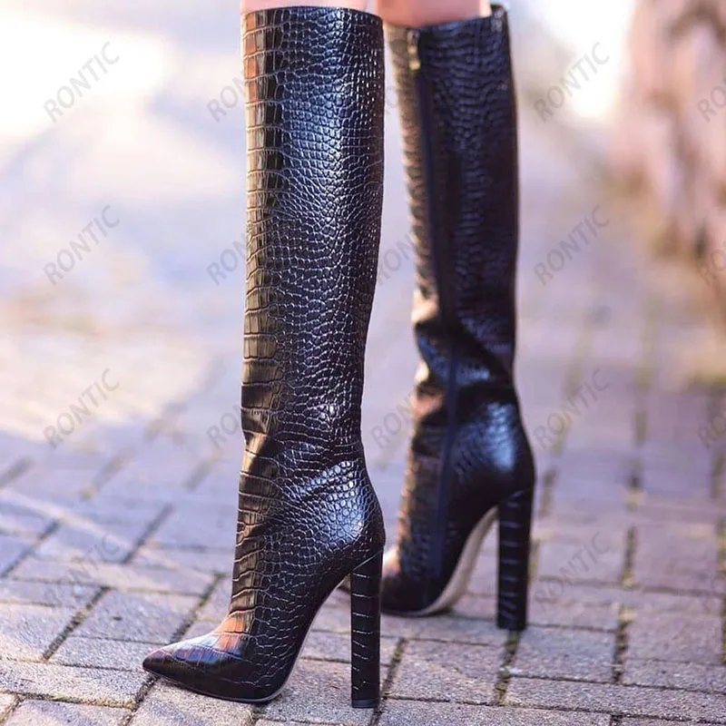 Rontic Handmade Women Winter Knee Boots Pattern Unisex Chunky Heels Pointed Toe Fabulous Black Party Shoes US Size 5-15