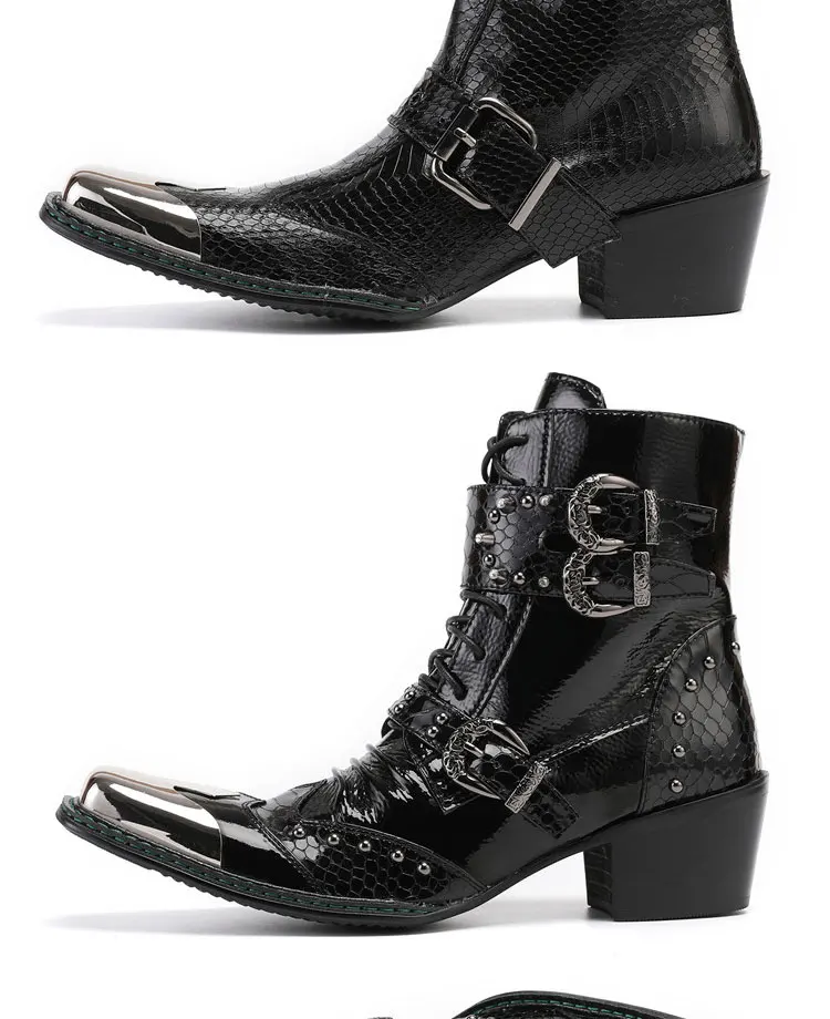 Men's Cowhide Serpentine Print Metal Decor Pointed Toe Belt High‑Heel Short Boots Western Cowboy Boots For Stage Show Party